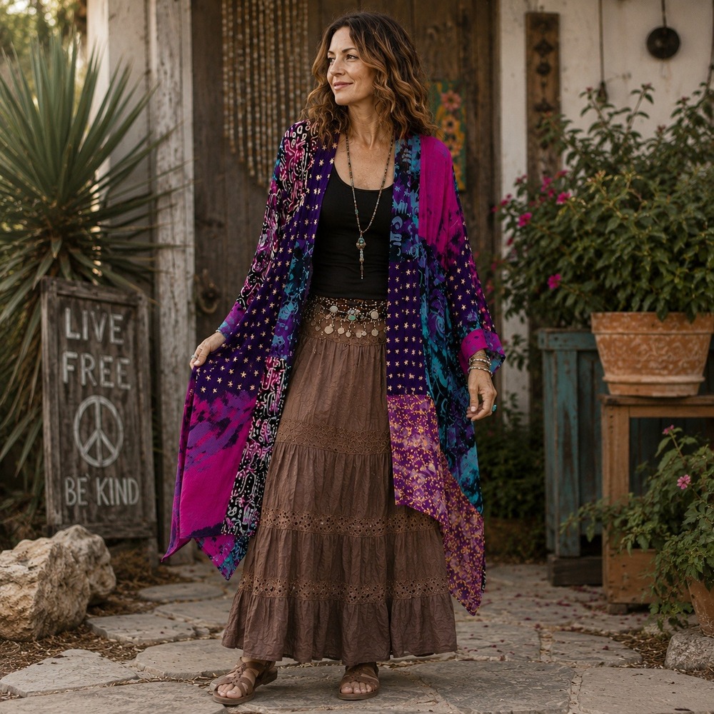Vtg Patchwork Kimono Duster Boho Maximalist Colorful Celestial Whimsigoth XL